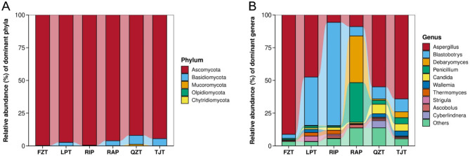 Fungal community composition and function in different Chinese post-fermented te